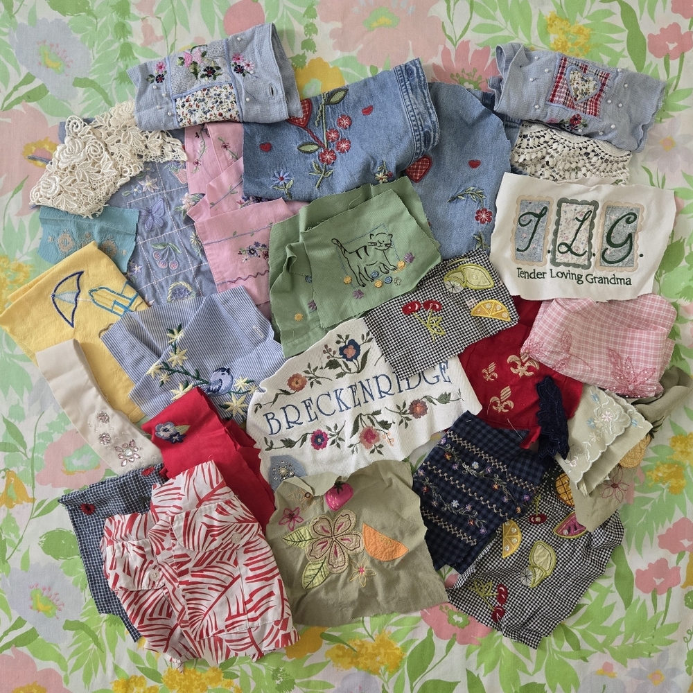 Vintage Embellished Fabric Pieces For Crafting And Patchwork Uncounted Lot